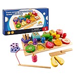 Joc educativ 3 în 1 Montessori - sortator forme, pescuit și feliere fructe din lemn