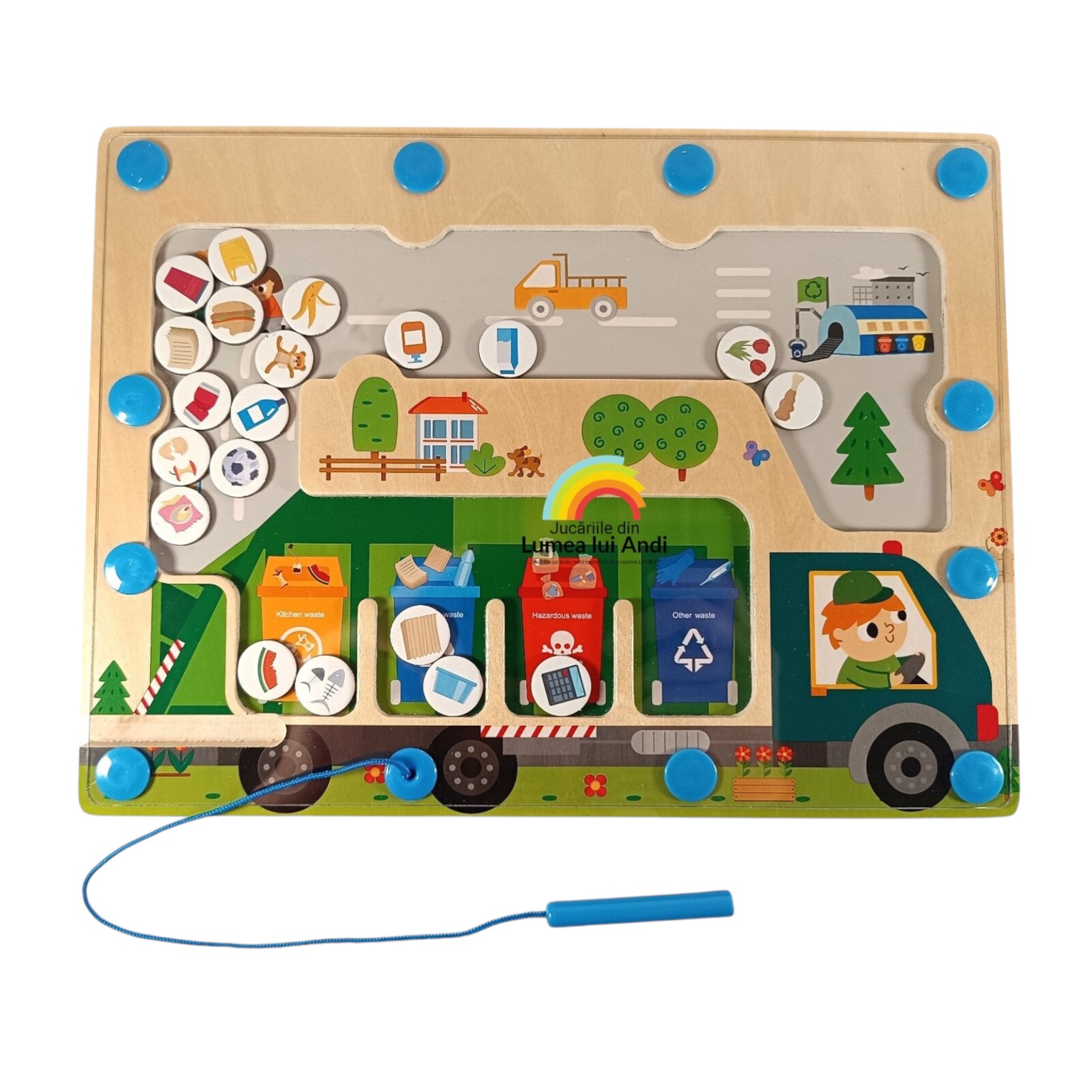 Poze-site-fundal-alb-545 Labirint magnetic din lemn sub formă de camion pentru sortarea deșeurilor pe culori - imagine 1