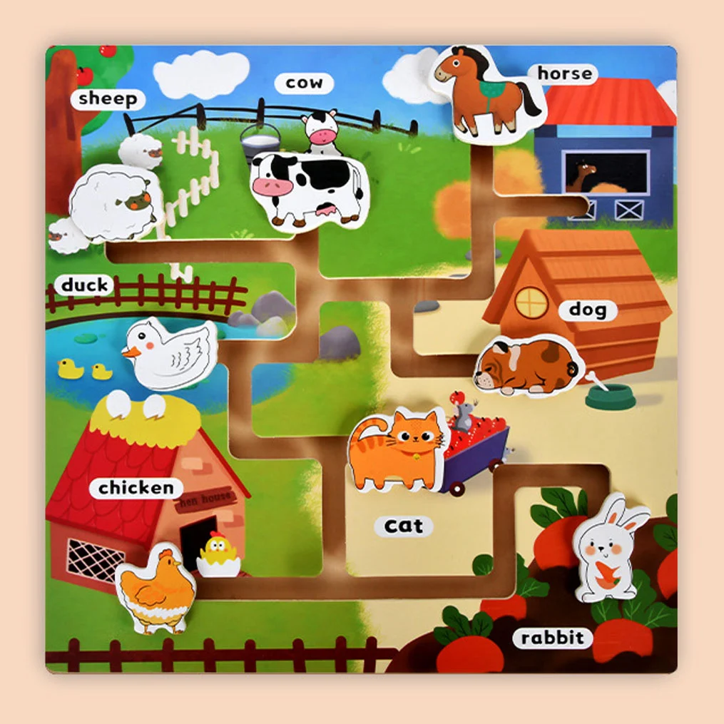 Puzzle-labirint-din-lemn-cu-Animalele-de-la-Ferma-in-engleza Labirint din lemn cu animalele de la fermă și denumirea lor în engleză - imagine 1
