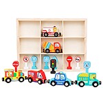 Trenuleț din lemn magnetic cu vehicule de intervenție și semne de circulație