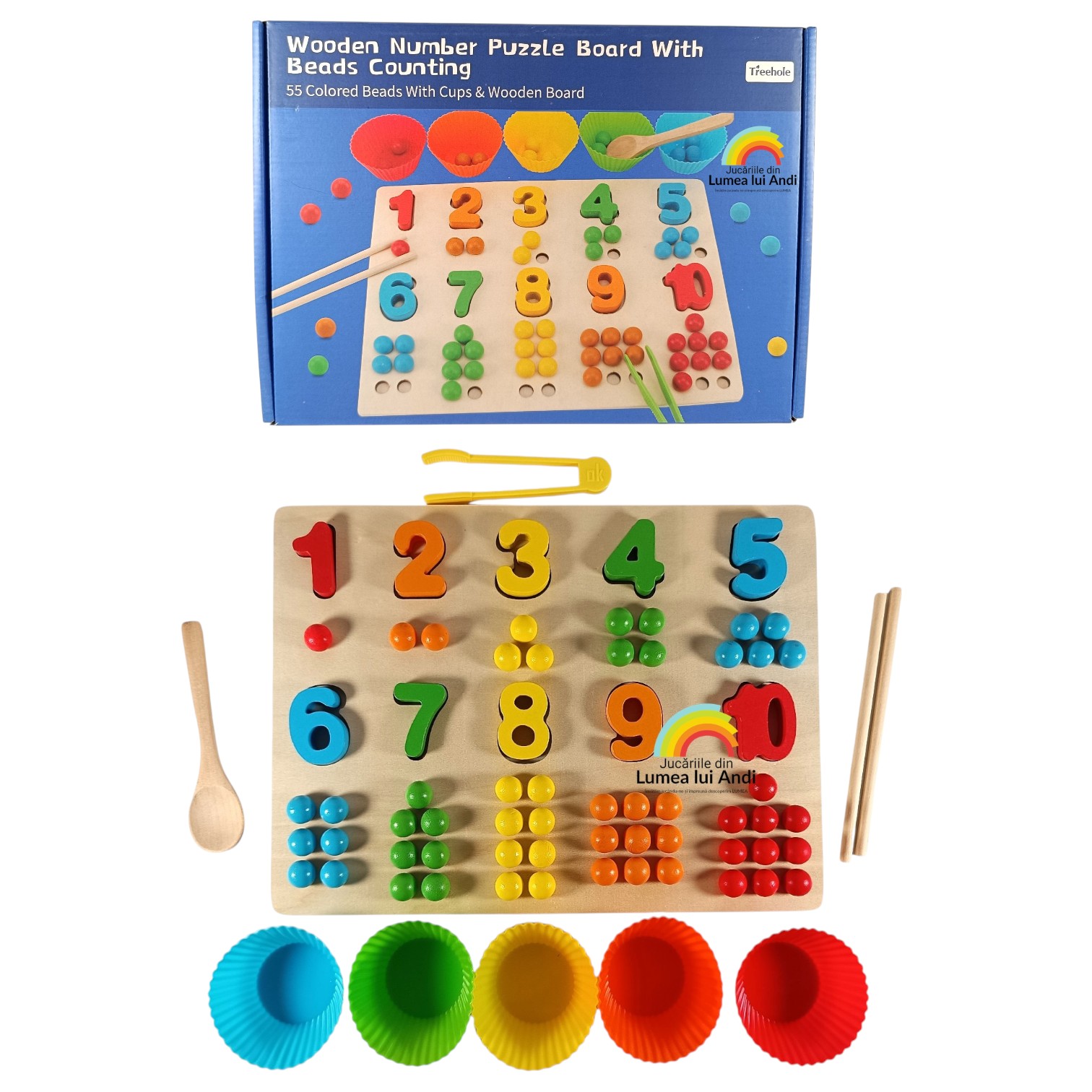 poza produs numaratoare treehole Joc Montessori de îndemânare și asociere culori și cifre, Numărătoare Treehole - imagine 1