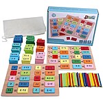 Joc aritmetic din lemn cu planșe, jetoane și bețișoare, pentru calcule matematice simple (adunare și scădere), 155 piese