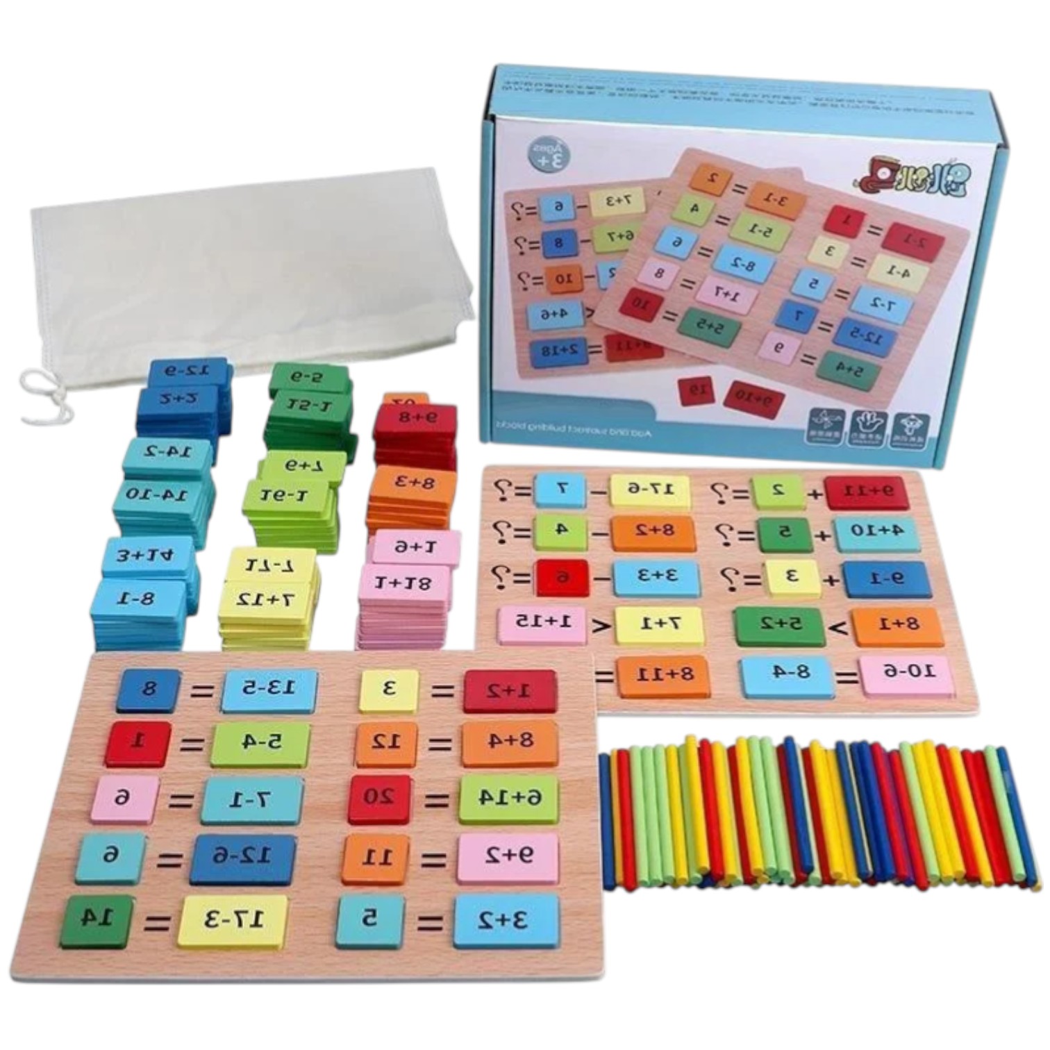 5 Joc aritmetic din lemn cu planșe, jetoane și bețișoare, pentru calcule matematice simple (adunare și scădere), 155 piese - imagine 1