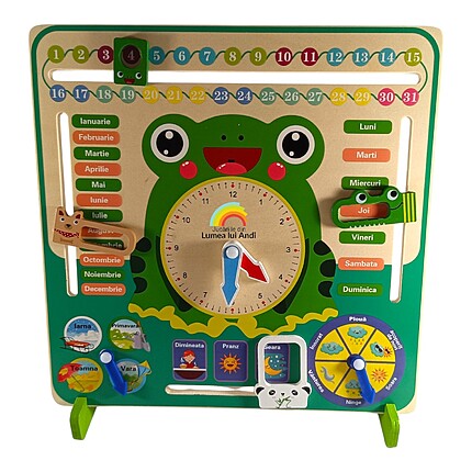 Ceas și calendar multifuncțional din lemn în limba română Broscuța