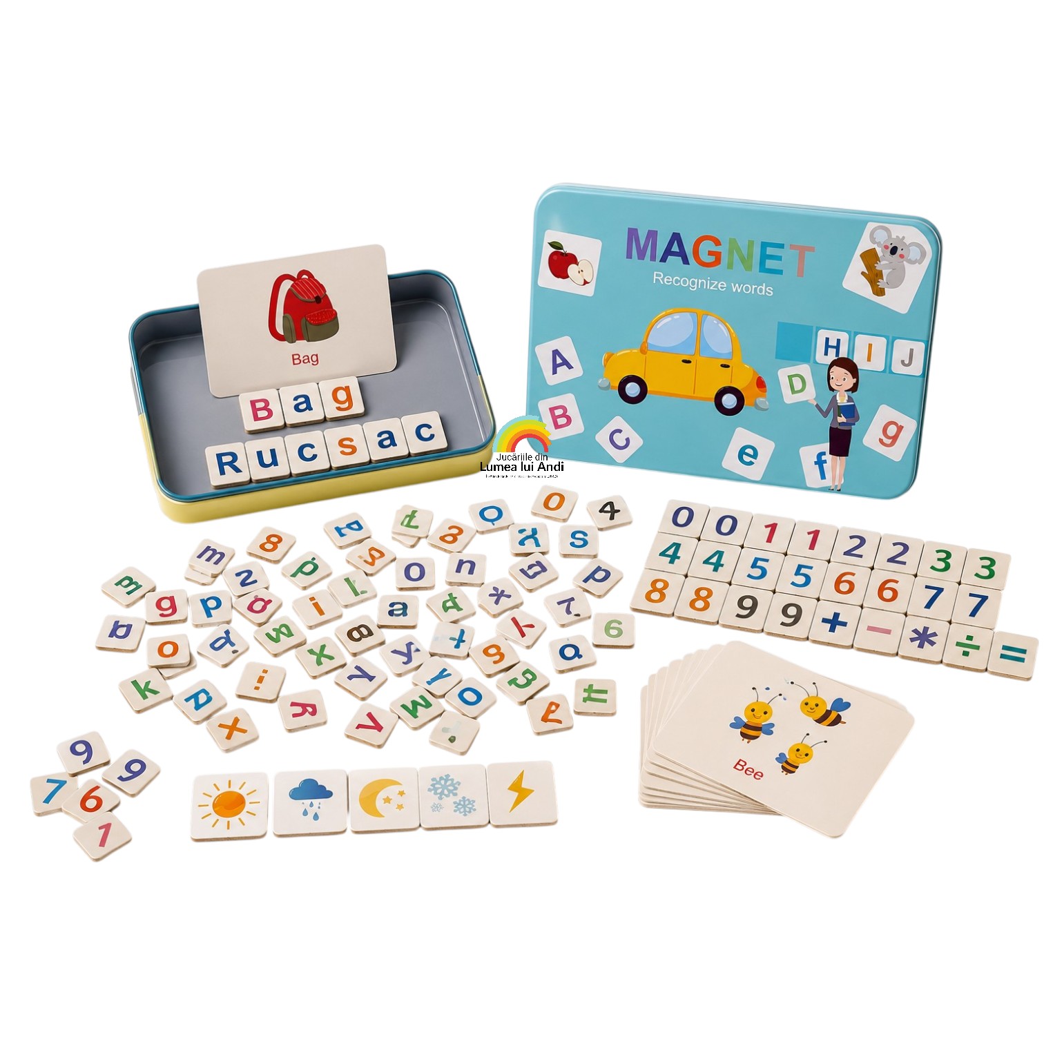 Joc magnetic cu litere, cifre și semne aritmetice în cutie metalică poza prezentare produs Joc magnetic cu litere, cifre și semne aritmetice în cutie metalică - imagine 1