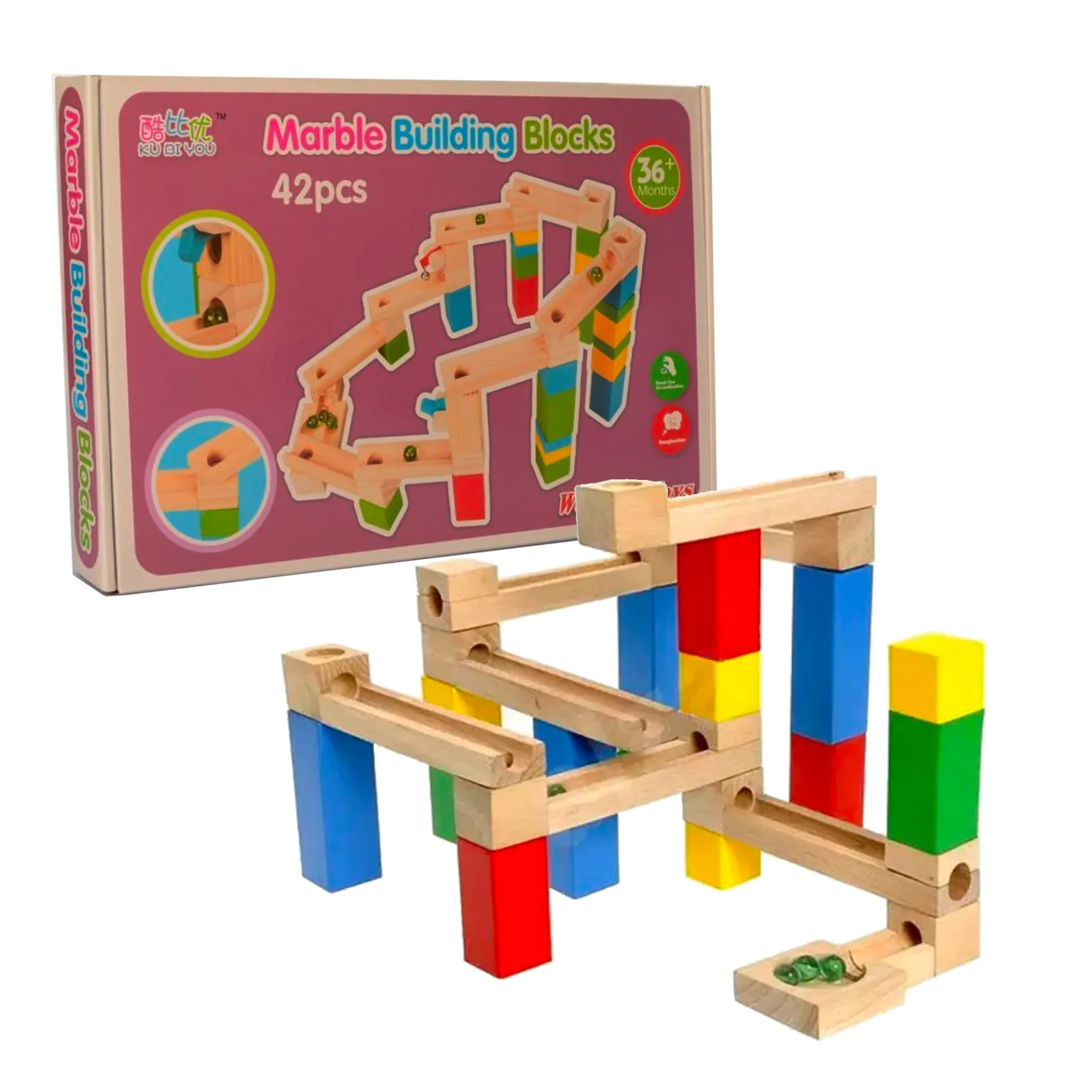Circuit-jucarie-din-lemn-Marble-Building-Blocks-42-piese Circuit de construit din lemn cu bile din sticla Marble Run, 42 piese - imagine 1