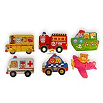 Set de 6 puzzle cu mijloace de transport în cutie metalică
