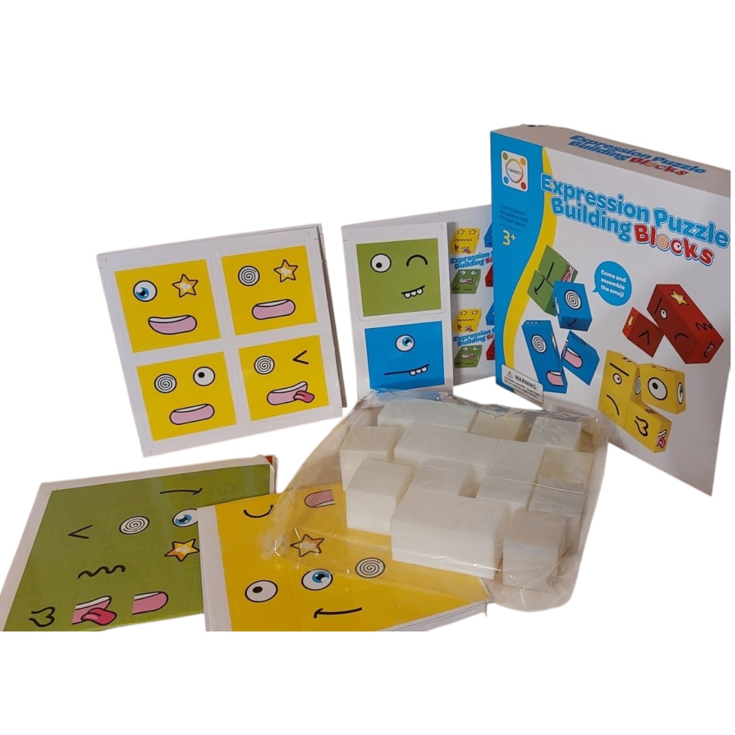 Cuburi colorate puzzle expresii CR Jocul emoțiilor cu 12 cuburi și dreptunghiuri albe, stickere și 50 de carduri - imagine 1