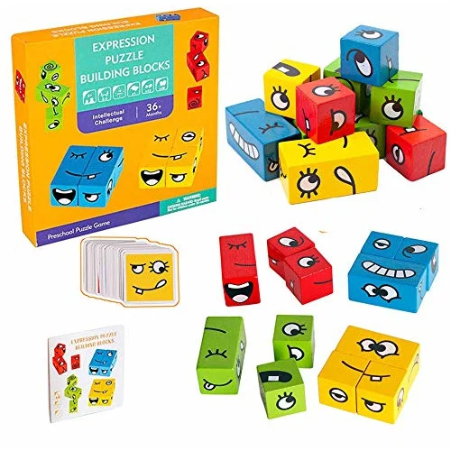 Cuburi puzzle expresii 1 Jocul emoțiilor cu 12 cuburi și dreptunghiuri colorate și 50 de carduri - imagine 1