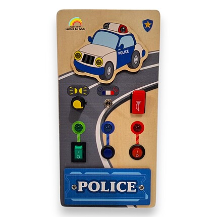 Busy Board Electric din lemn, Mașina de Poliție cu sunete și lumini