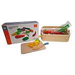 Coș din lemn cu legume magnetice, tocător și cuțit