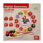 Ceas din lemn, tip puzzle încastru cu forme și joc de înșiruit, în cutie - imagine 3