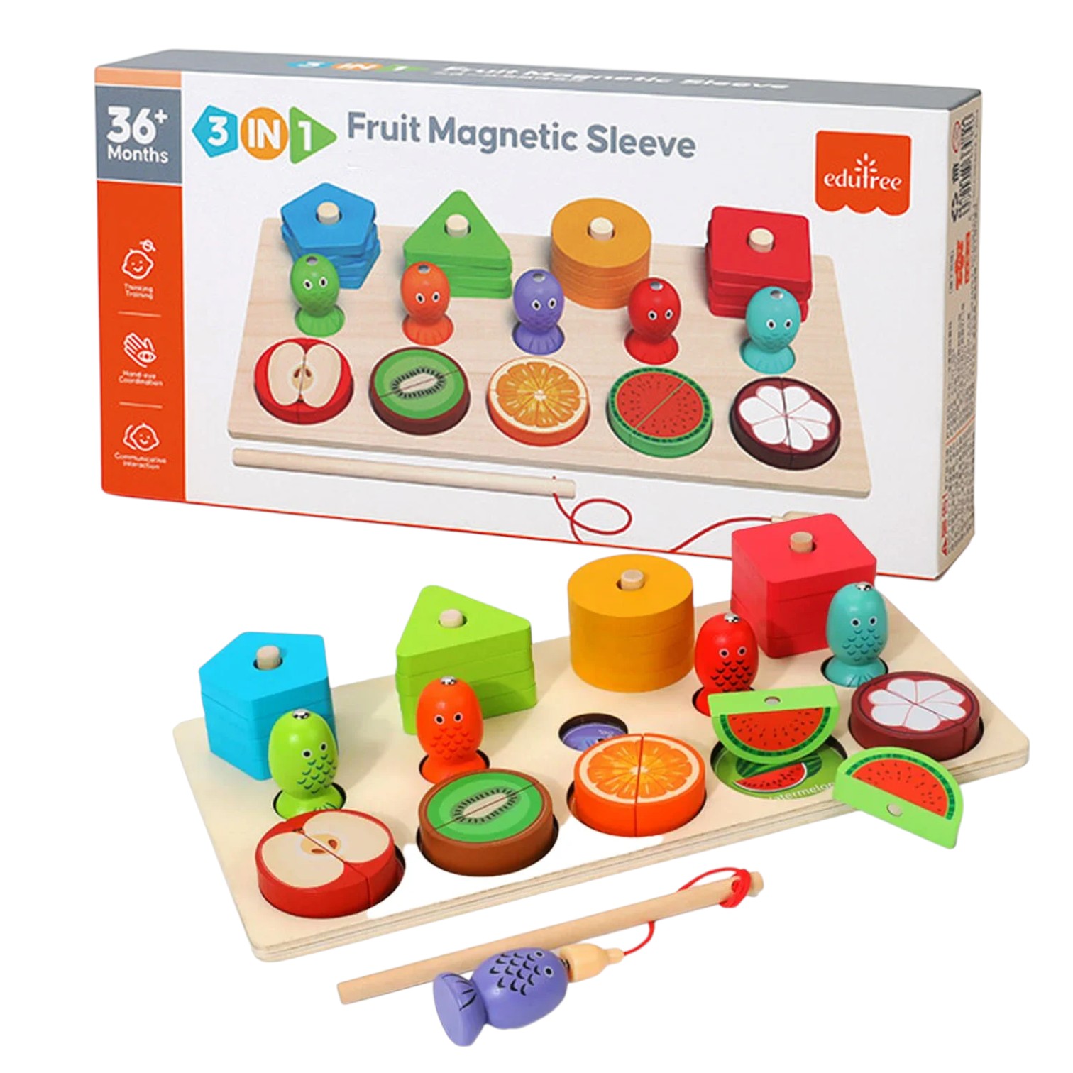 Sortator-forme-pe-4-coloane-pescuit-magnetic-si-fructe-de-taiat-Edutree5 Joc educativ Montessori 3 în 1 – sortator forme, pescuit și fructe cu magnet - imagine 1