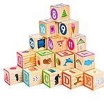 Set 26 de cuburi din lemn cu litere, cifre, animale, forme, alimente - imagine 7