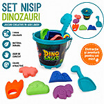 Jucării de plajă și nisip din plastic – Găletușă albastră model Dinozauri - 7 piese
