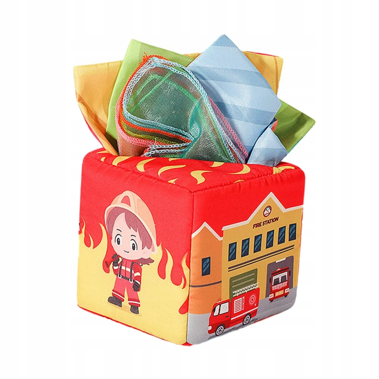 jucarie-senzoriala-din-material-textil-tip-cutie-cu-servetele-pompieri~30369 Joc senzorial pentru bebeluși cutia pătrată cu șervețele textile- tematică pompieri - imagine 1