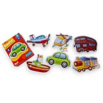 Puzzle din carton pentru bebeluși, cu 6 imagini din 2 sau 3 piese mari, tematică Mijloace de transport, 18 luni+