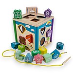 Cub din lemn 2 în 1: sortator cu 15 forme și joc de înșiruit