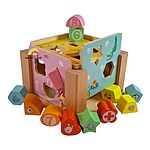 Cub din lemn 2 în 1: sortator de forme geometrice și ceas