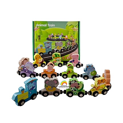 Trenuleț magnetic din lemn cu cifre și animale