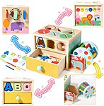 Joc educativ Montessori din lemn cu activități, 6 în 1: cilindru rotativ, sortare litere ABC, sortare după formă, sortare jetoane pe culori, sortare după dimensiuni, sortare bețe pe culori