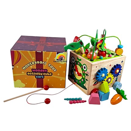 Joc educativ multifuncțional cu 7 activități (ceas, labirint motricitate, xilofon, sortare forme, rotițe rotative, pescuit, recoltat legume), 18 luni+