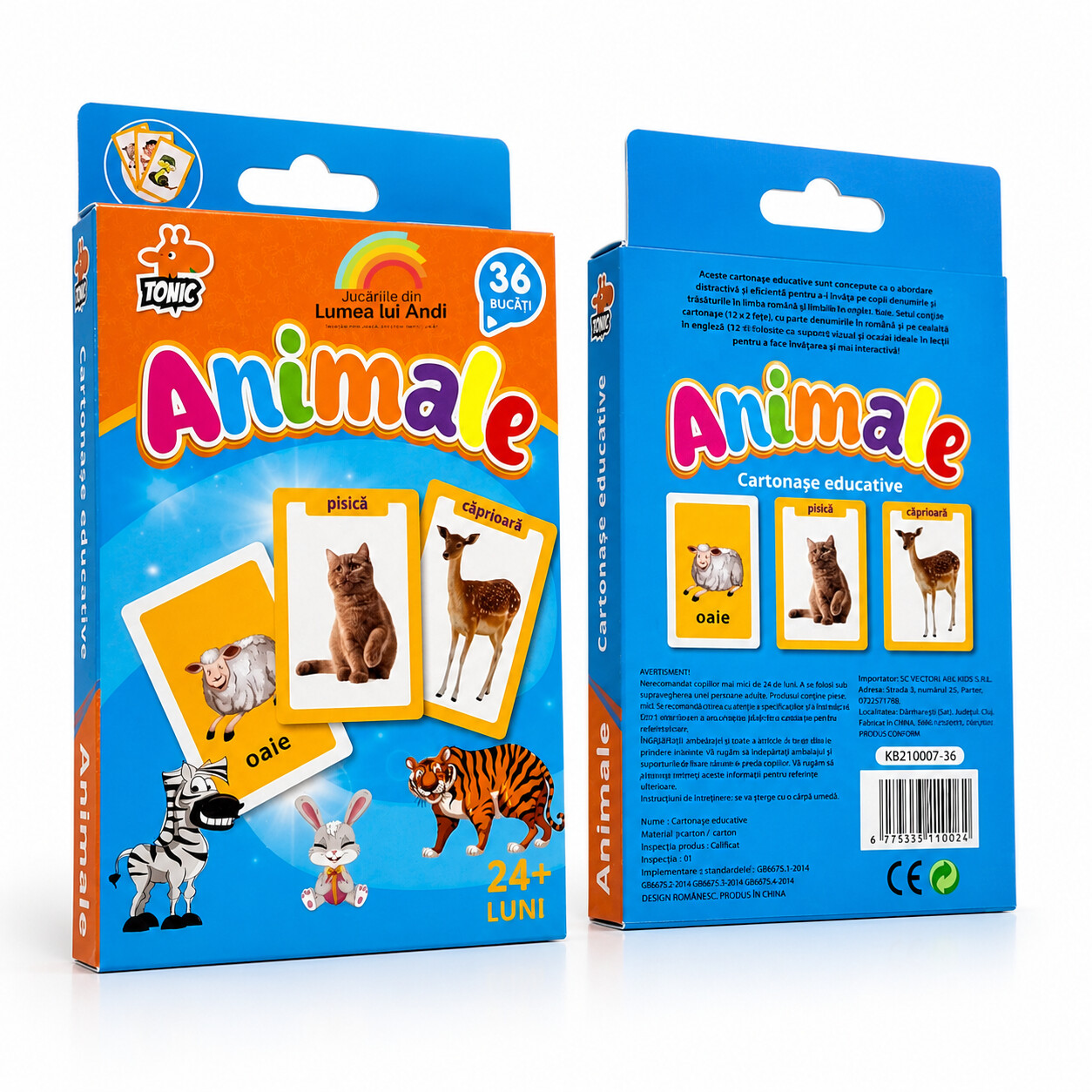 Carduri cognitive cu animale în limba română și engleză – set 36 cartonașe educative