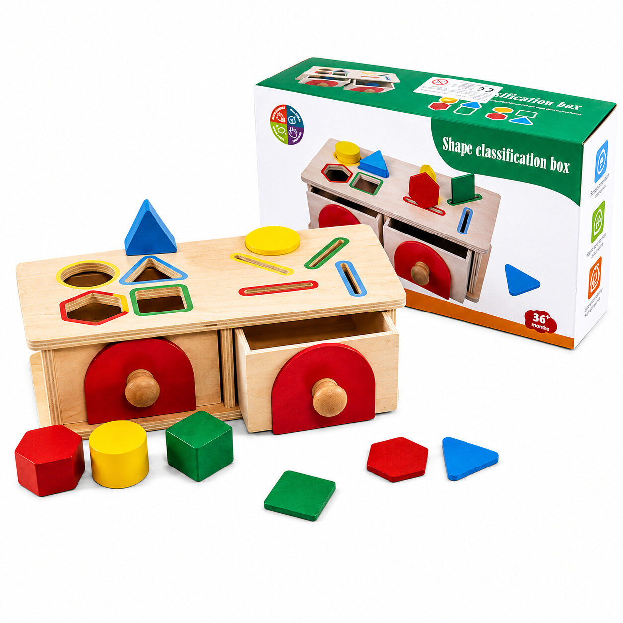 Joc Montessori din lemn de tipul cutia permanenței cu sertare, pentru sortare și clasificare forme și culori