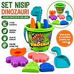 Jucării de plajă și nisip din plastic – Găletușă verde model Dinozauri - 7 piese