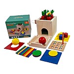 Cub educativ Montessori 5 în 1 din lemn cu morcovi, sortator de forme, monede, bețe colorate și bile - imagine 12