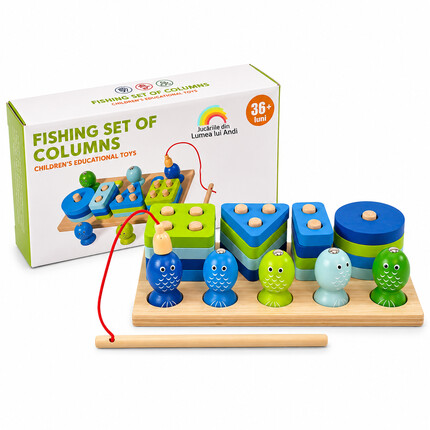 Joc Montessori 2 în 1, sortator de forme geometrice și joc de pescuit