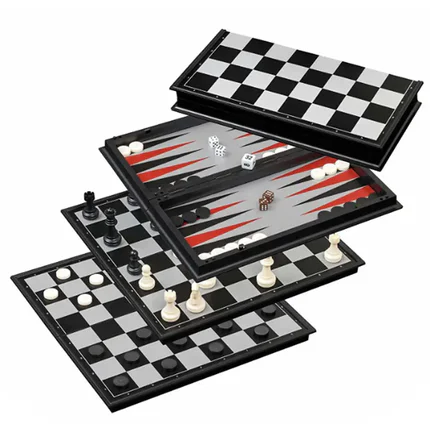 Joc de societate magnetic 3 în 1: Șah, Table și Dame, 62 piese, 32 cm