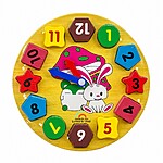 Ceas din lemn, tip puzzle încastru cu forme - model cu iepuraș